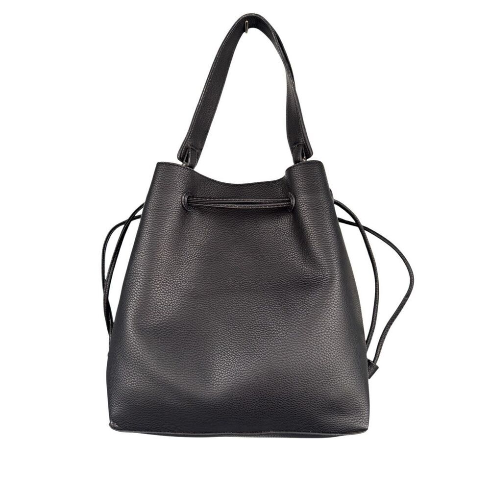 Pebbled Vegan‎ Leather Drawstring Detachable Strap Bucket Bag Black